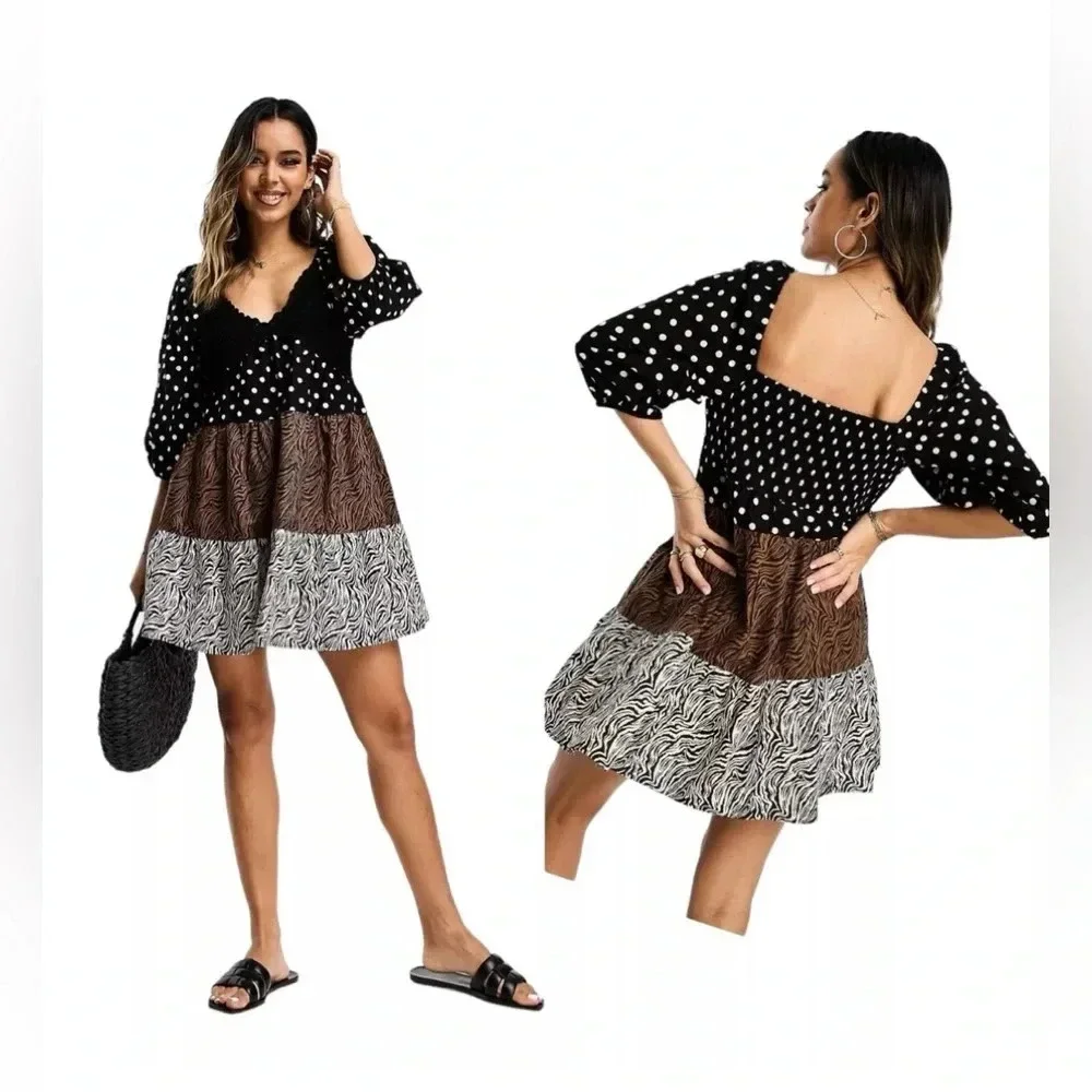 ASOS DESIGN crochet tiered babydoll mini dress in mixed animal print SZ 2O - Picture 1 of 9